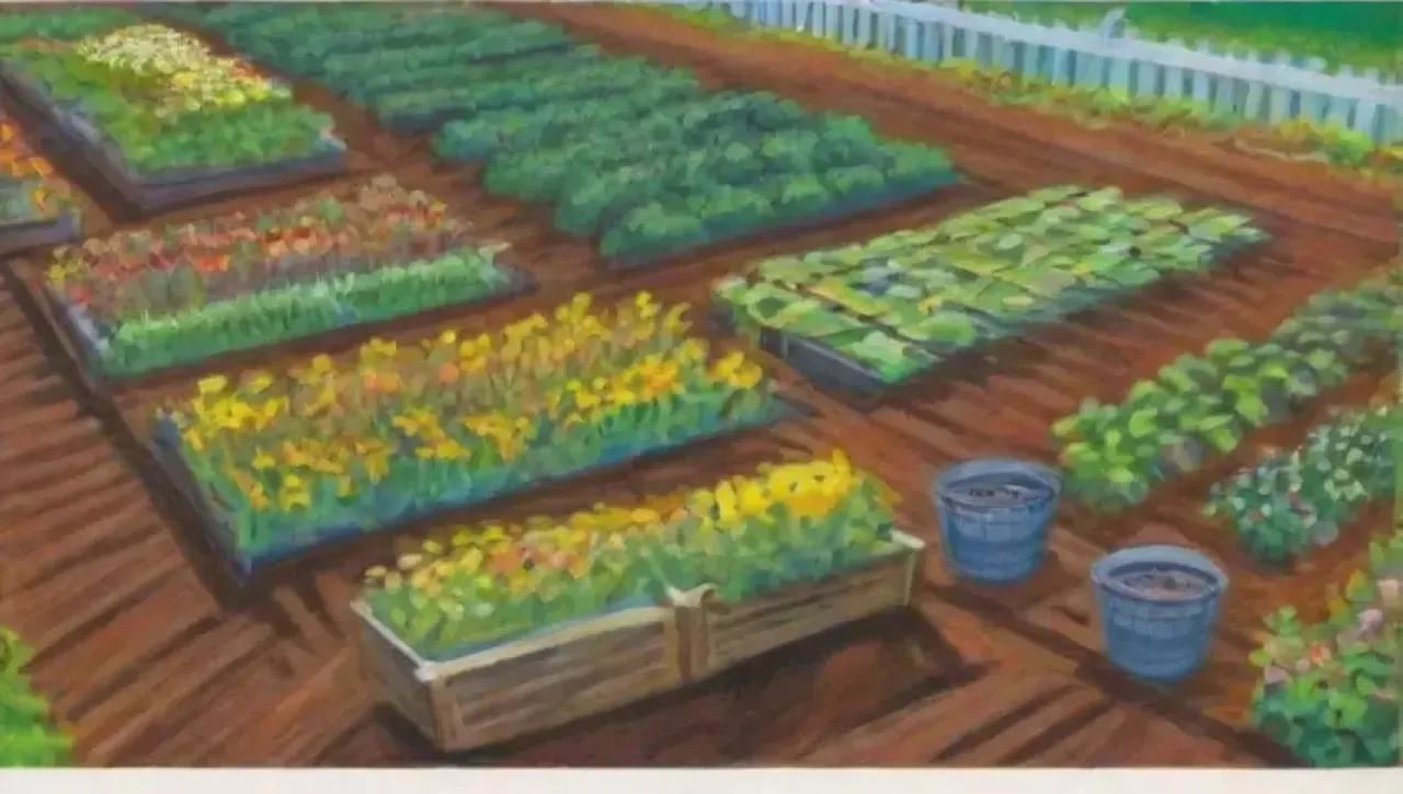 Campos verdes vibrantes con flores, cultivos y agricultores en armonía