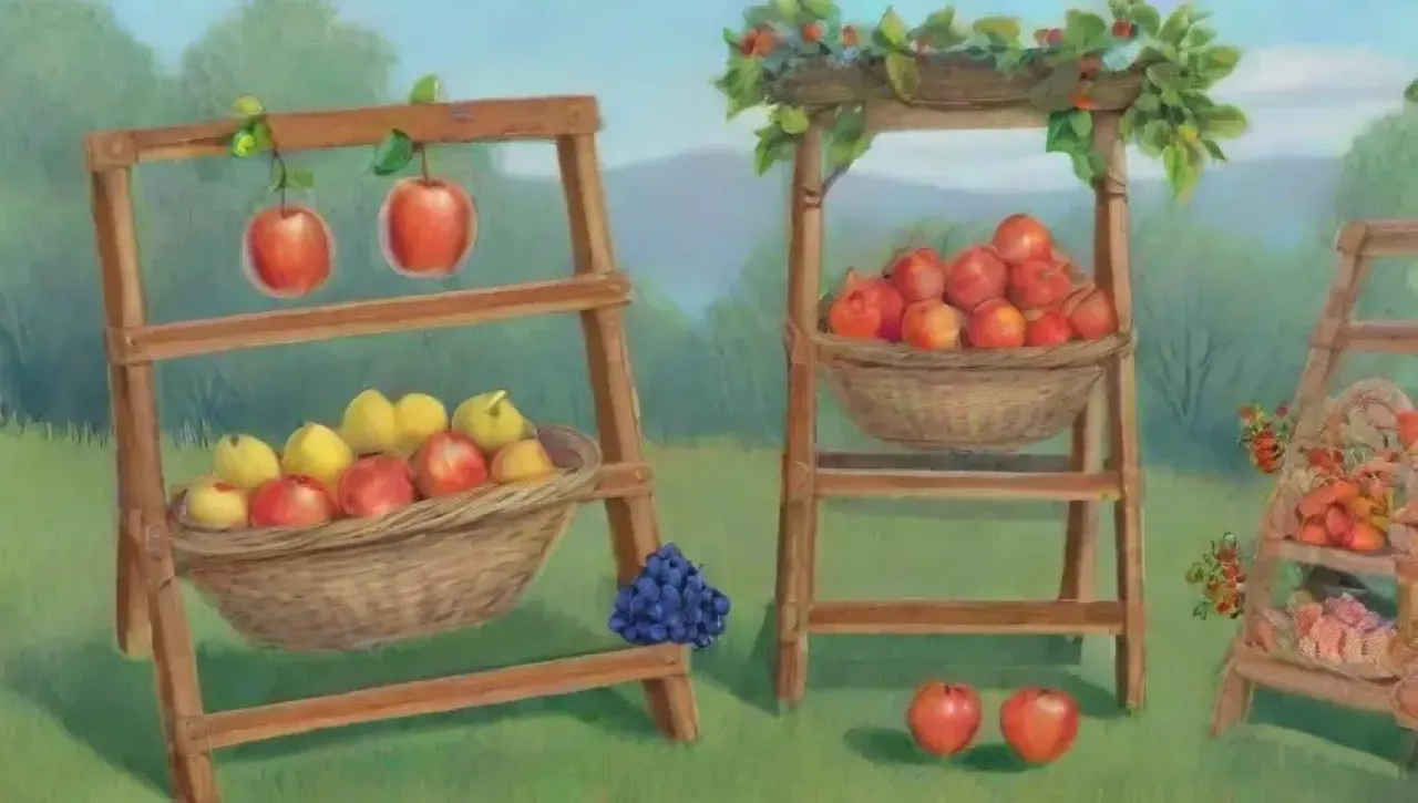 Escena vibrante de un huerto con frutas maduras, luz dorada y un ambiente de abundancia