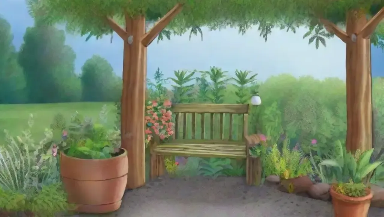 Un paisaje verde vibrante con un sistema de recolección de agua rodeado de plantas, flores y vida silvestre