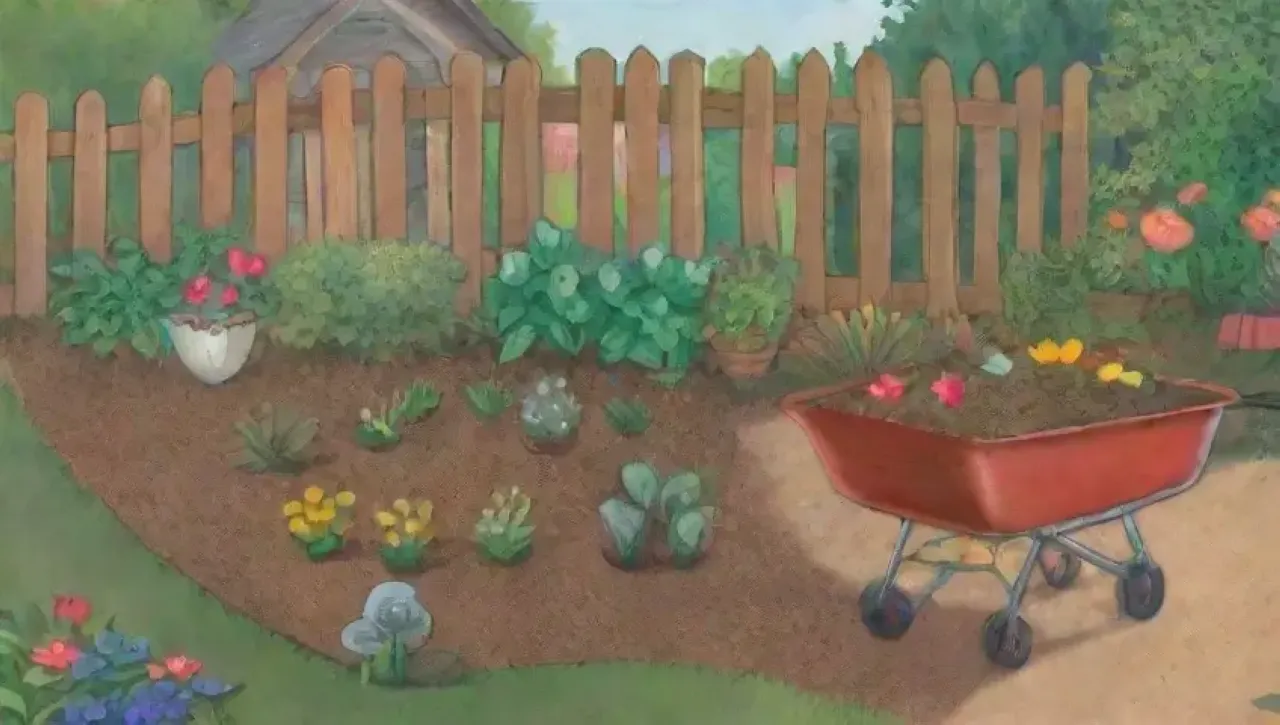 Un jardín vibrante lleno de plantas, flores, herramientas de jardinería y vida silvestre