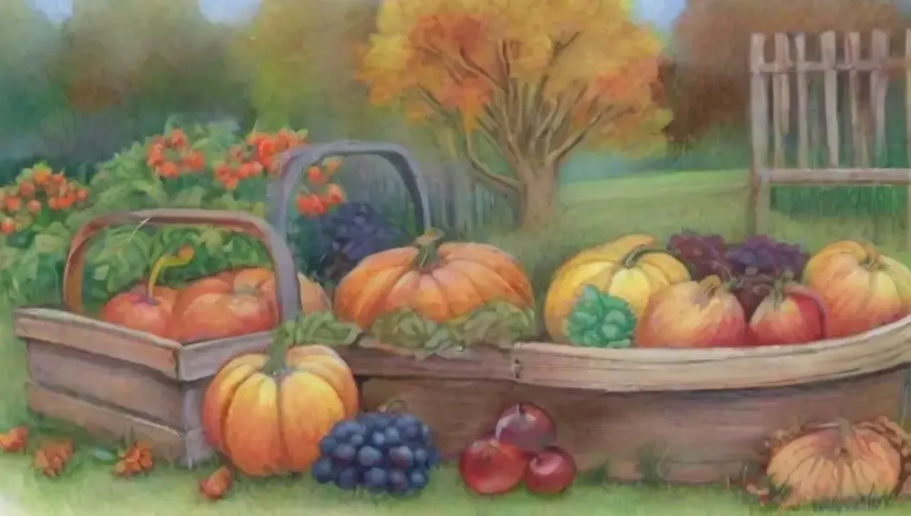 Un paisaje otoñal lleno de frutas y verduras coloridas, hojas caídas y luz cálida