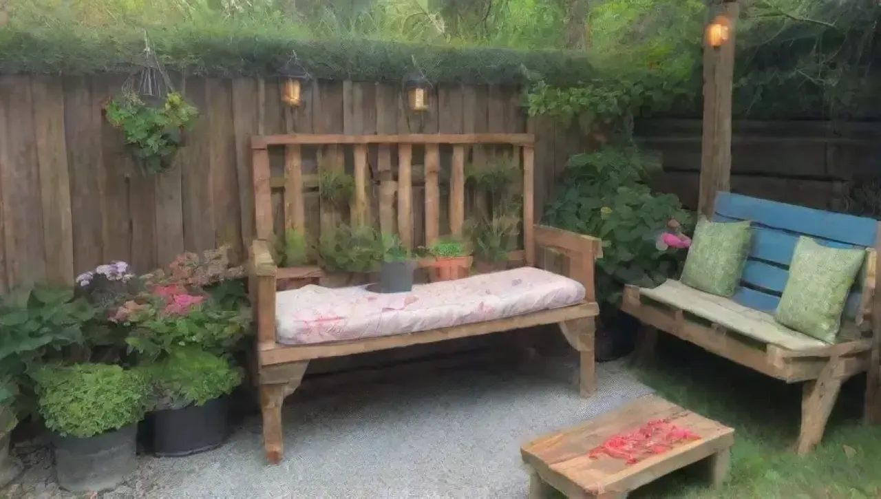 Un jardín creativo con palets de madera, flores, hierbas, un estanque y arte divertido