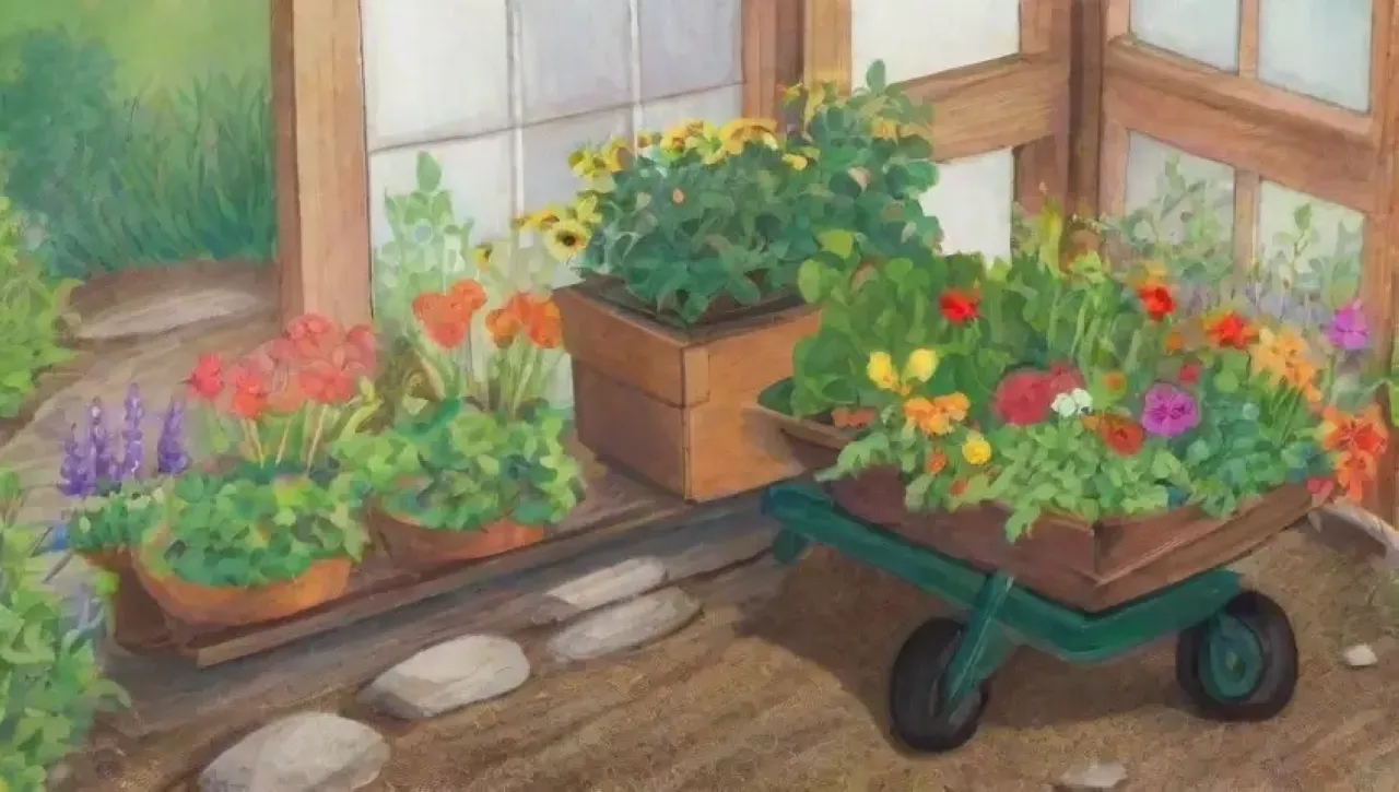 Un jardín vibrante y lleno de vida con plantas, flores, insectos y herramientas