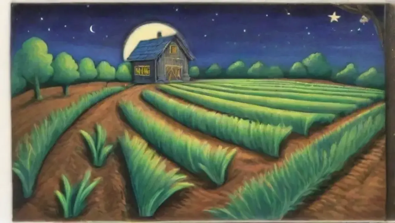 Una noche estrellada con un agricultor plantando semillas bajo la luna, simbolizando la armonía entre ciencia y naturaleza