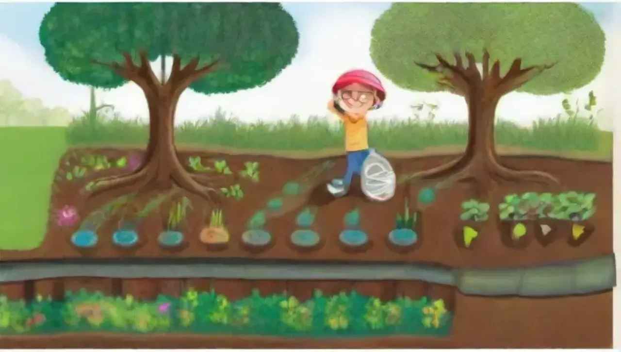 Un ecosistema agrícola sostenible con campos verdes, cultivos vibrantes y prácticas ecológicas