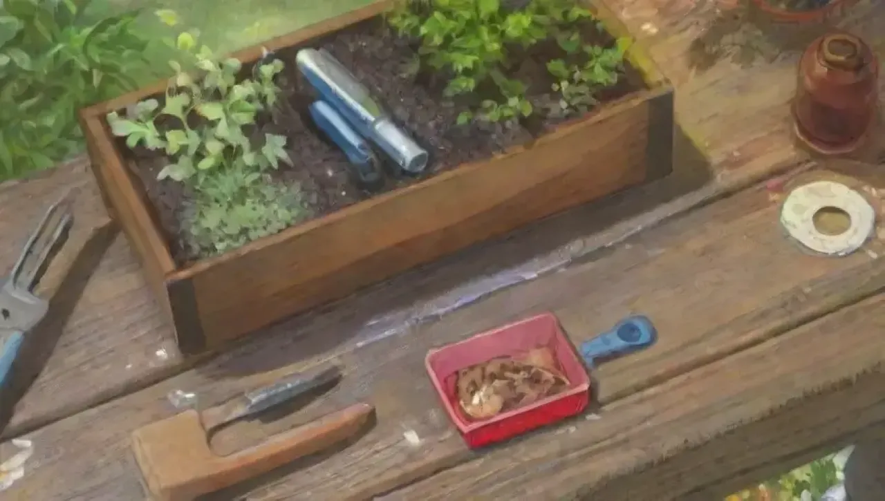 Un jardín vibrante con herramientas de injerto, flores en flor y un ambiente de cuidado y precisión