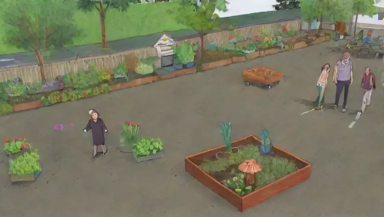 Un jardín comunitario vibrante con plantas, flores, risas y entusiasmo compartido