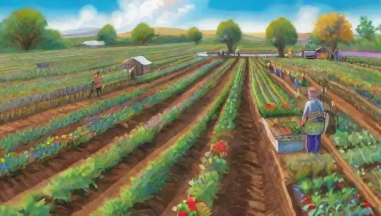 Campos verdes vibrantes con cultivos diversos y prácticas sostenibles en armonía