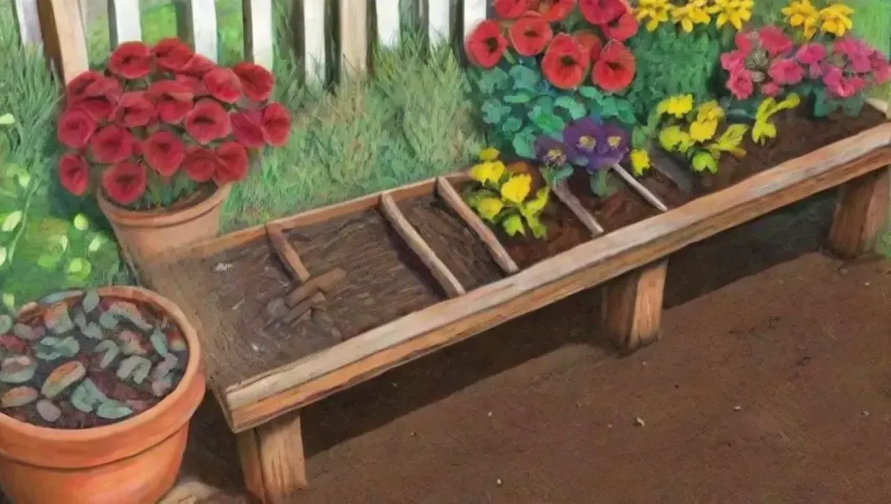 Un jardín vibrante y lleno de vida con plantas, flores, herramientas y aromas naturales