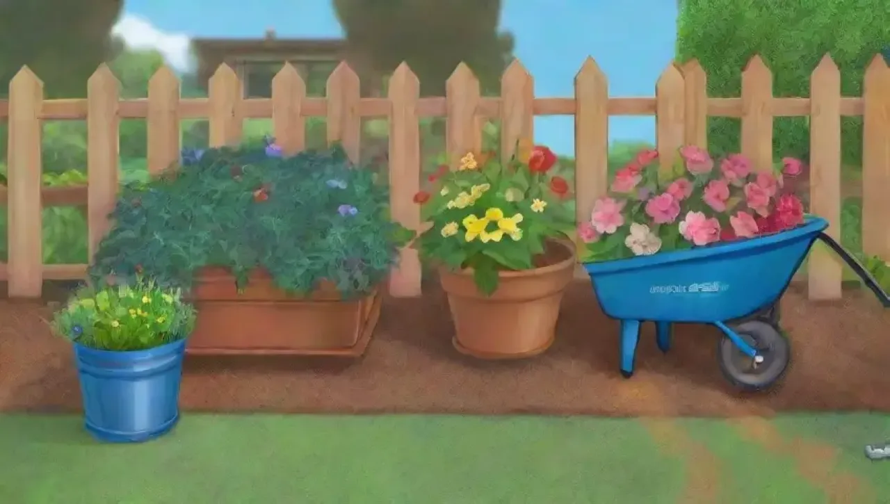 Un jardín vibrante y tranquilo lleno de flores, herramientas y naturaleza