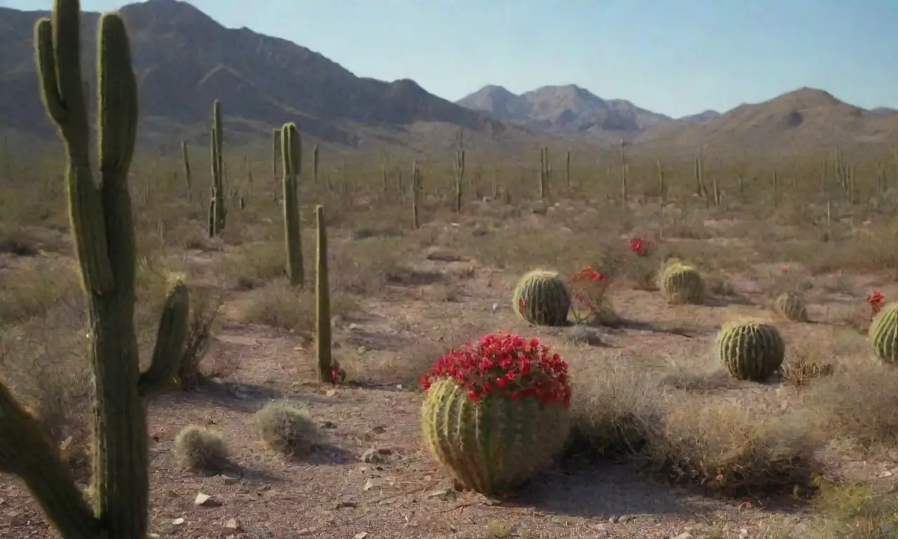 Paisaje desértico con colores vibrantes, cactáceas y consejos para su cultivo