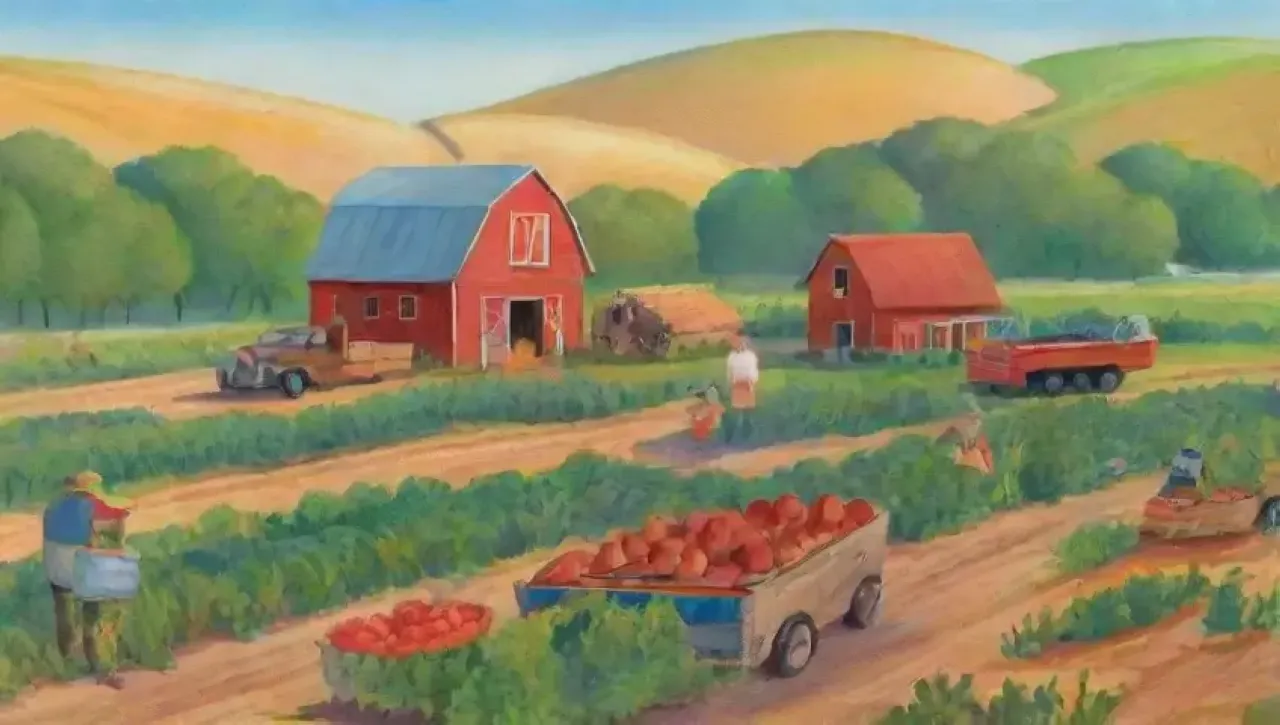 Un paisaje rural vibrante con campos de trigo, mercados de agricultores y comunidades unidas
