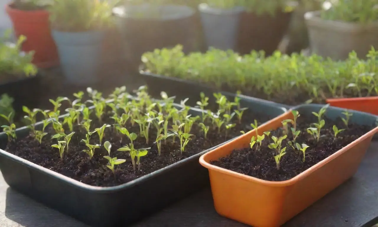 Trays coloridos con plántulas sanas y vegetales de temporada bajo la luz del sol