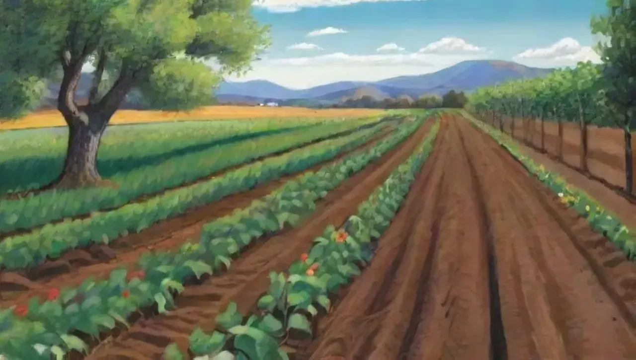 Un campo vibrante con cultivos verdes, un agricultor trabajando y la naturaleza floreciendo