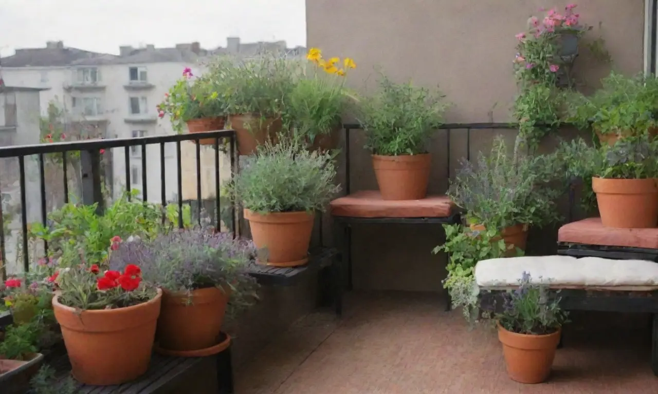Un jardín de balcón creativo y sostenible con hierbas y flores en colores vibrantes