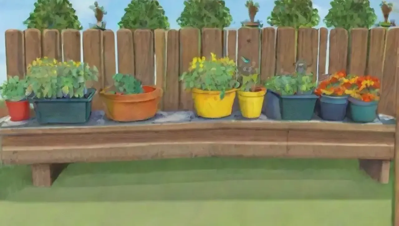 Un jardín vibrante y acogedor lleno de plantas, herramientas y vida
