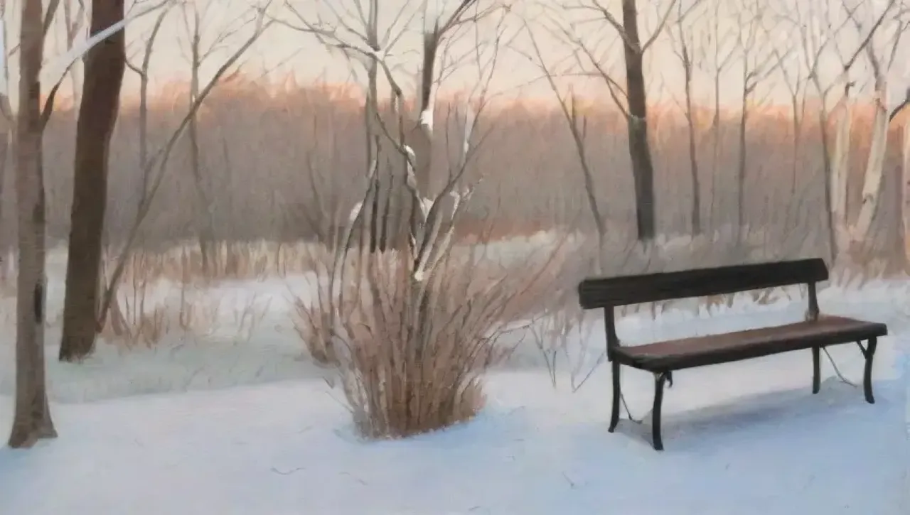 Un paisaje invernal sereno con árboles desnudos, nieve, un jardinero trabajando y la promesa de la primavera