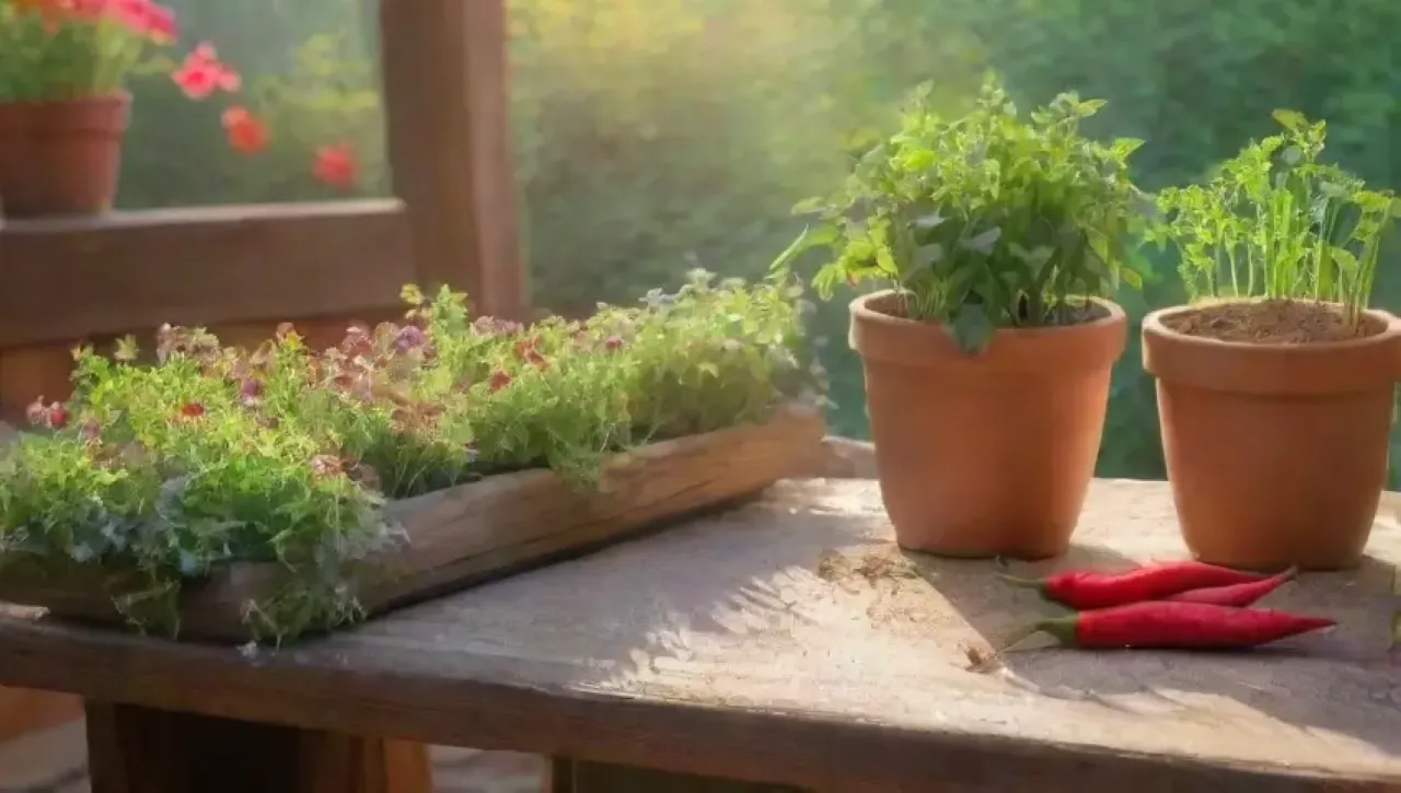 Un jardín vibrante con especias frescas y luz filtrándose entre las hojas
