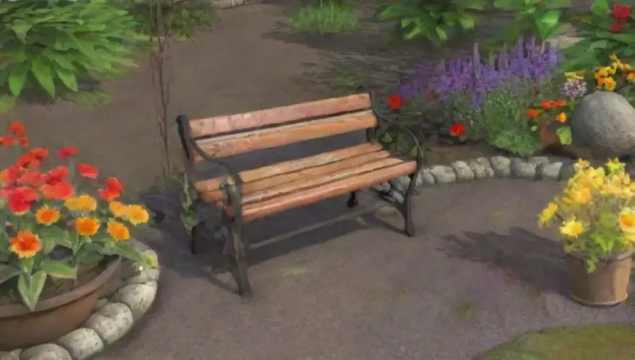 Un jardín vibrante y sereno lleno de flores, follaje y elementos naturales