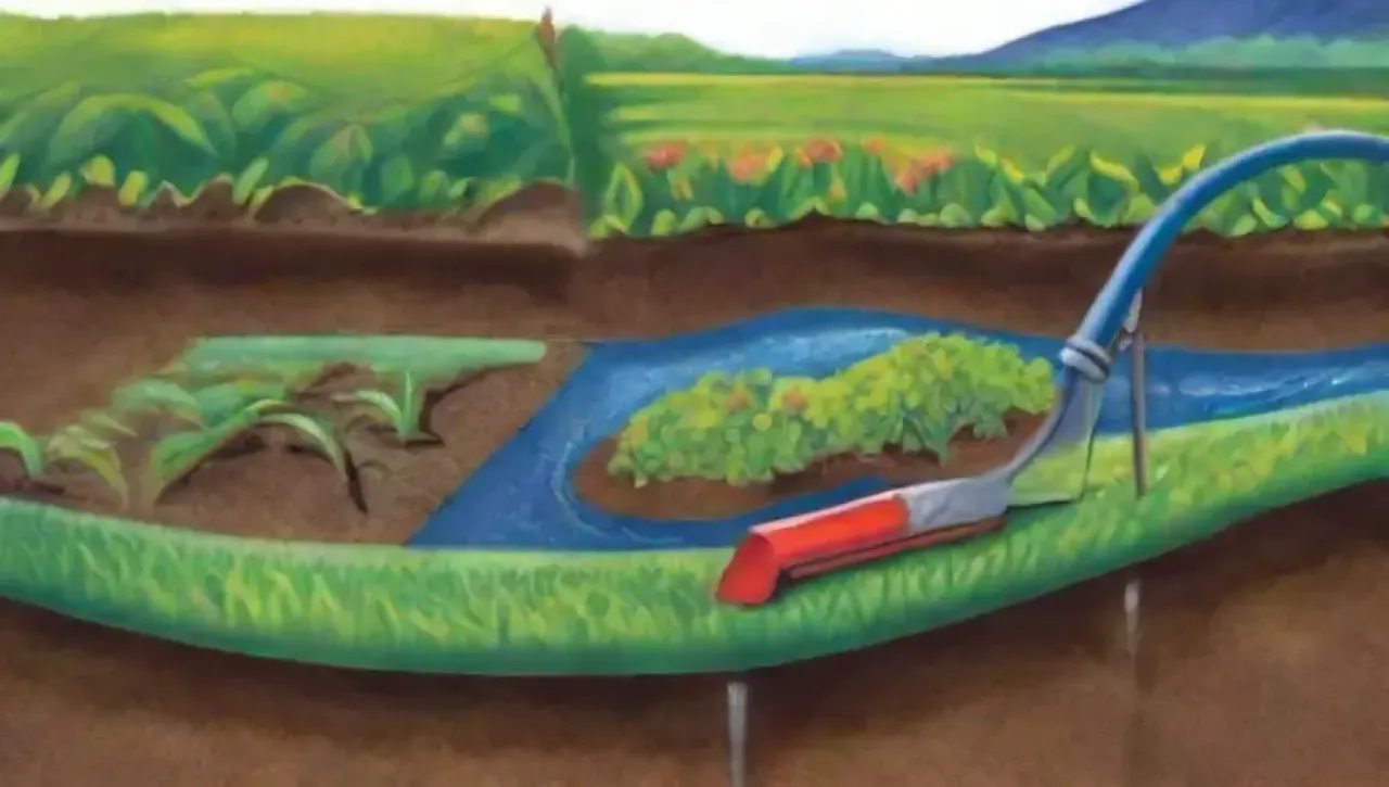 Un paisaje agrícola vibrante con campos verdes, herramientas, tecnología y naturaleza en armonía