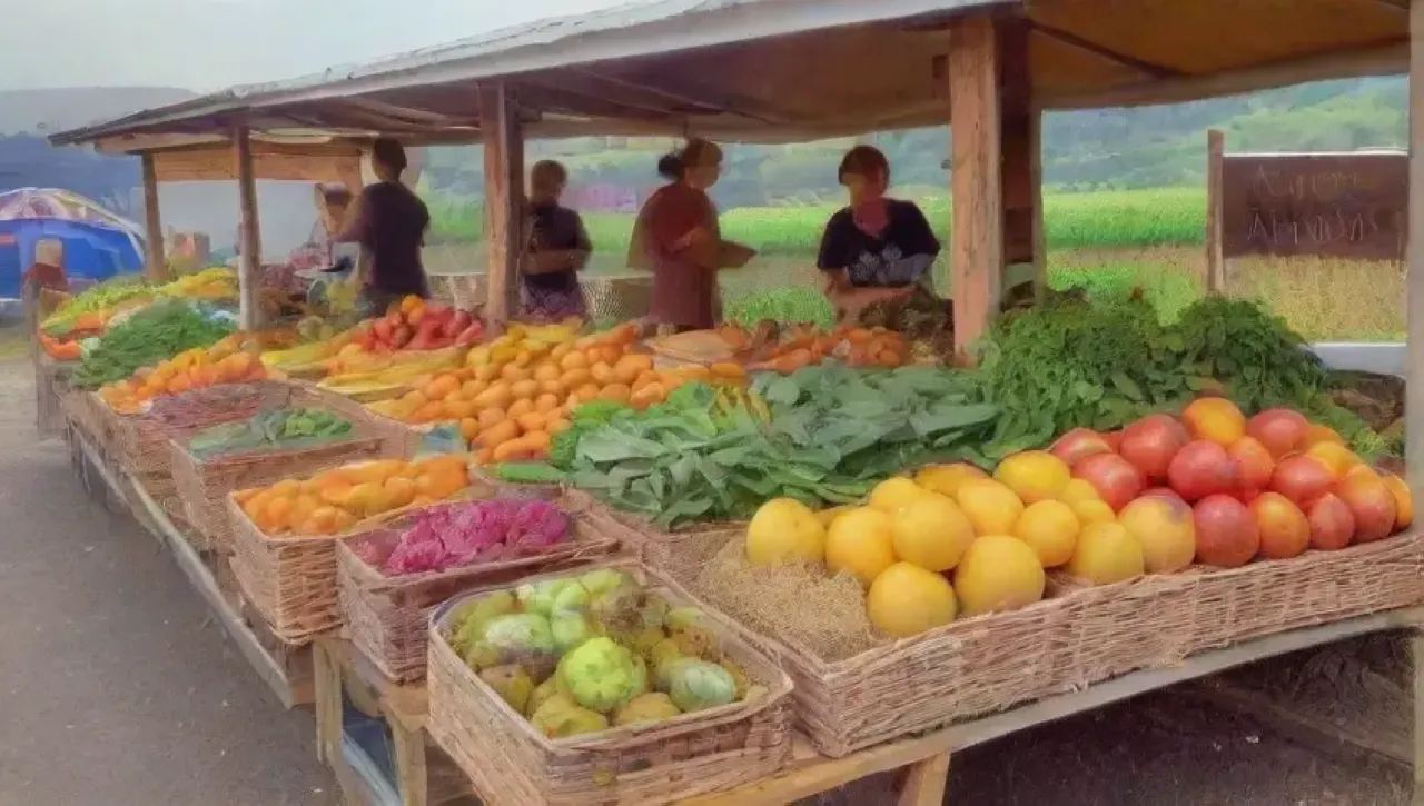 Un bullicioso mercado agrícola lleno de colores, risas y productos frescos