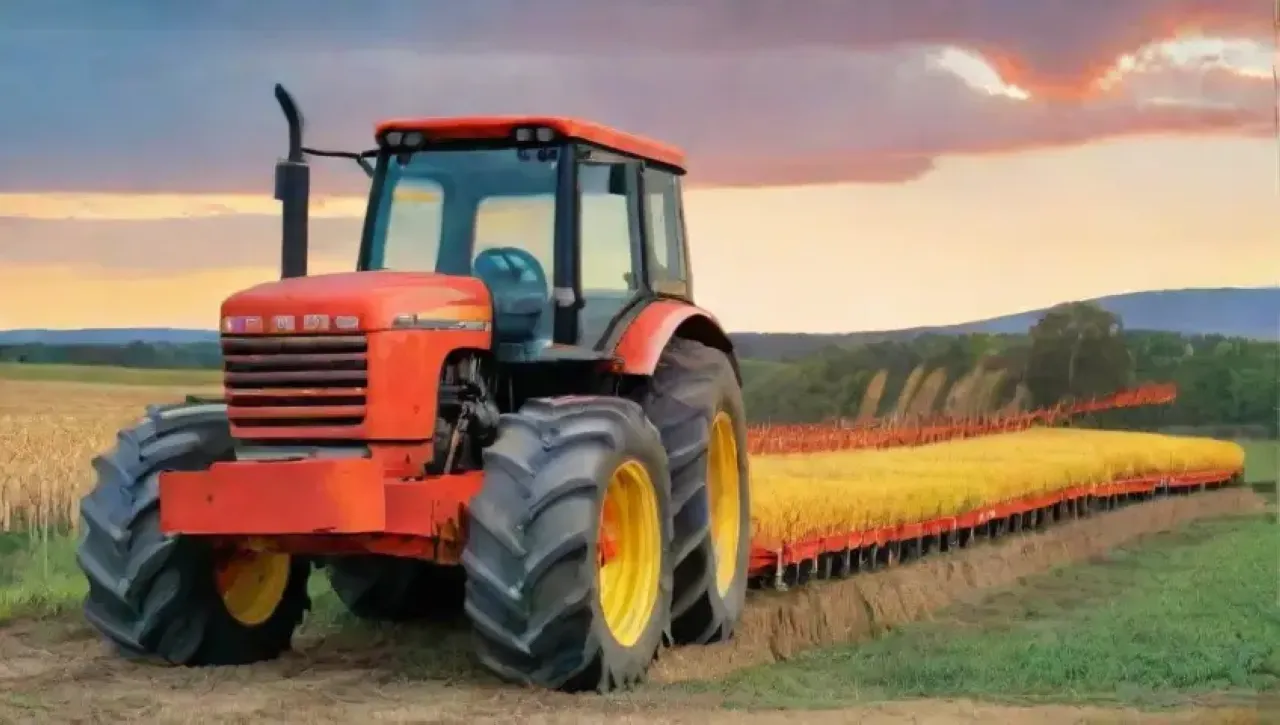 Un paisaje rural vibrante con campos verdes, un tractor rojo y un atardecer naranja