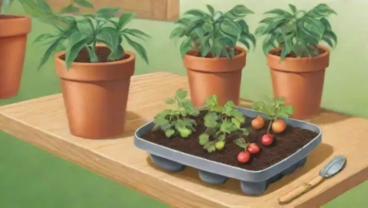 Un jardín vibrante con hojas verdes, herramientas y manos cuidadosas cultivando frutas