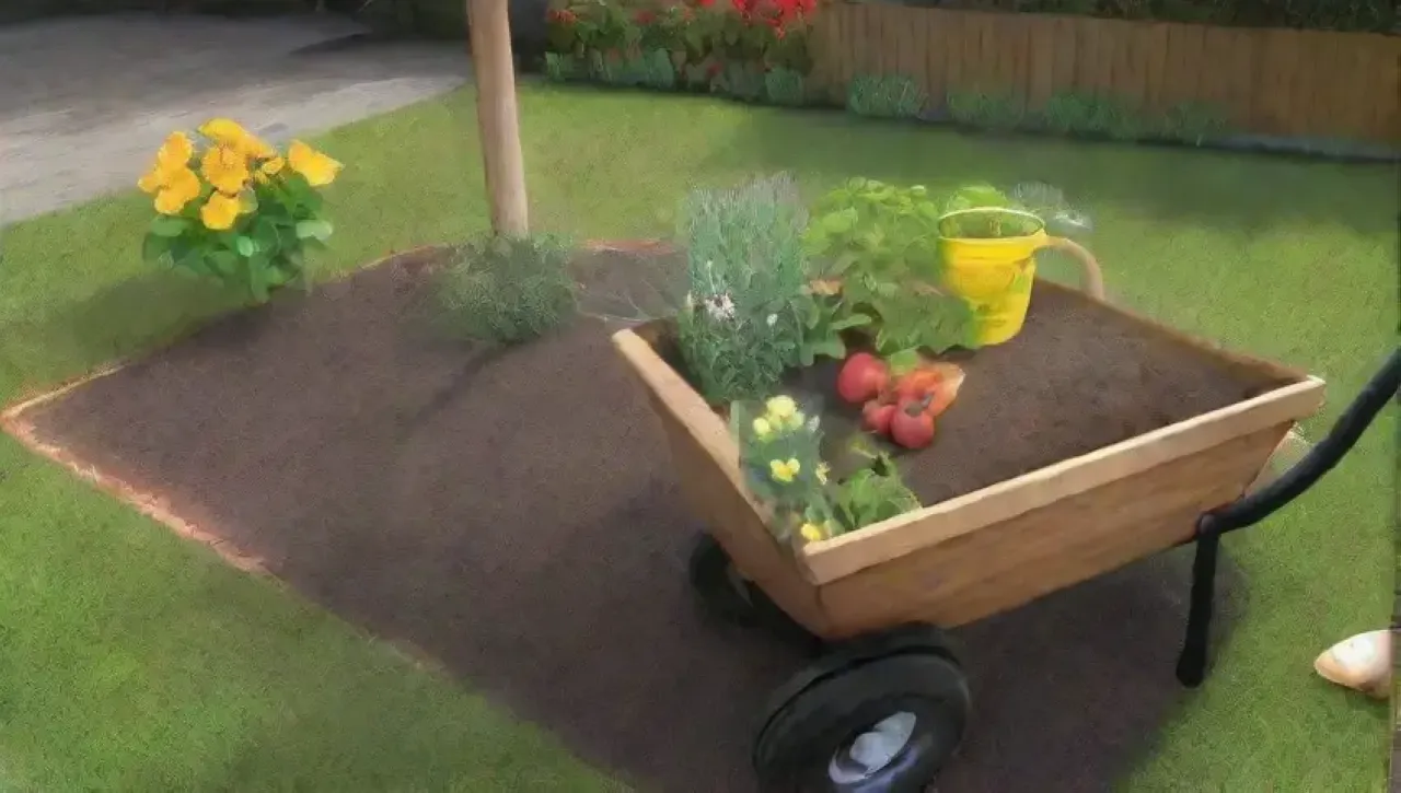 Un jardín vibrante con compost, herramientas y vegetales frescos en un ambiente armonioso