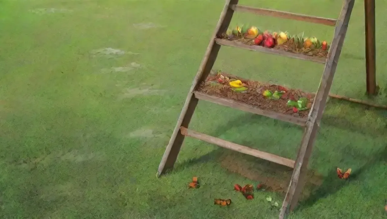 Un tranquilo huerto verde con frutas brillantes, flores delicadas y un cielo azul