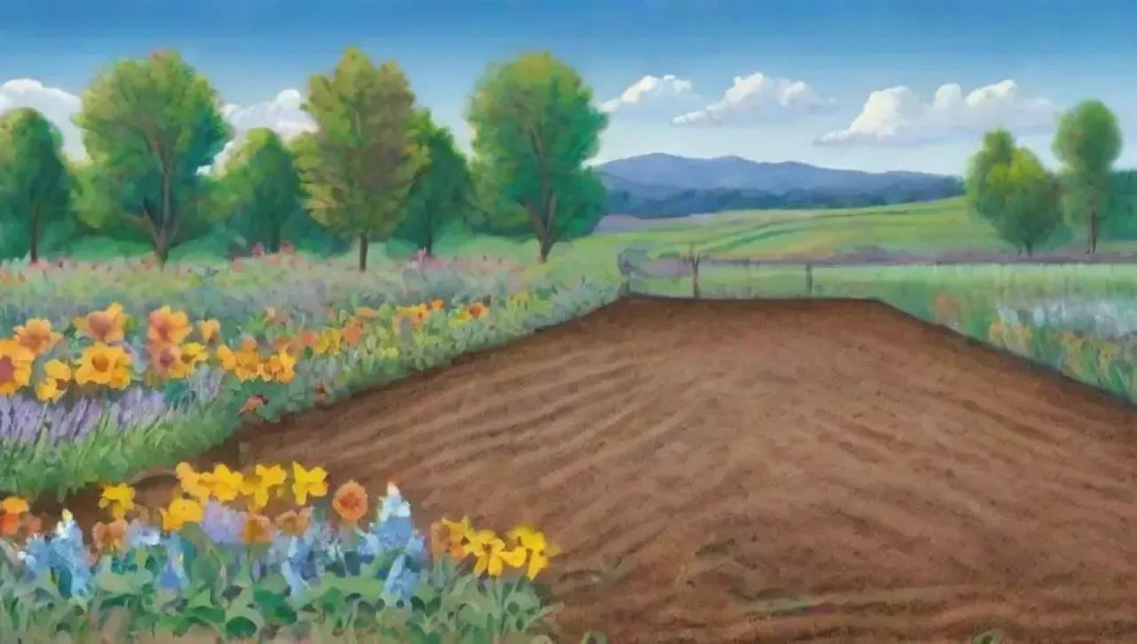 Un paisaje agrícola vibrante y armonioso con cultivos verdes, tierra rica y vida silvestre
