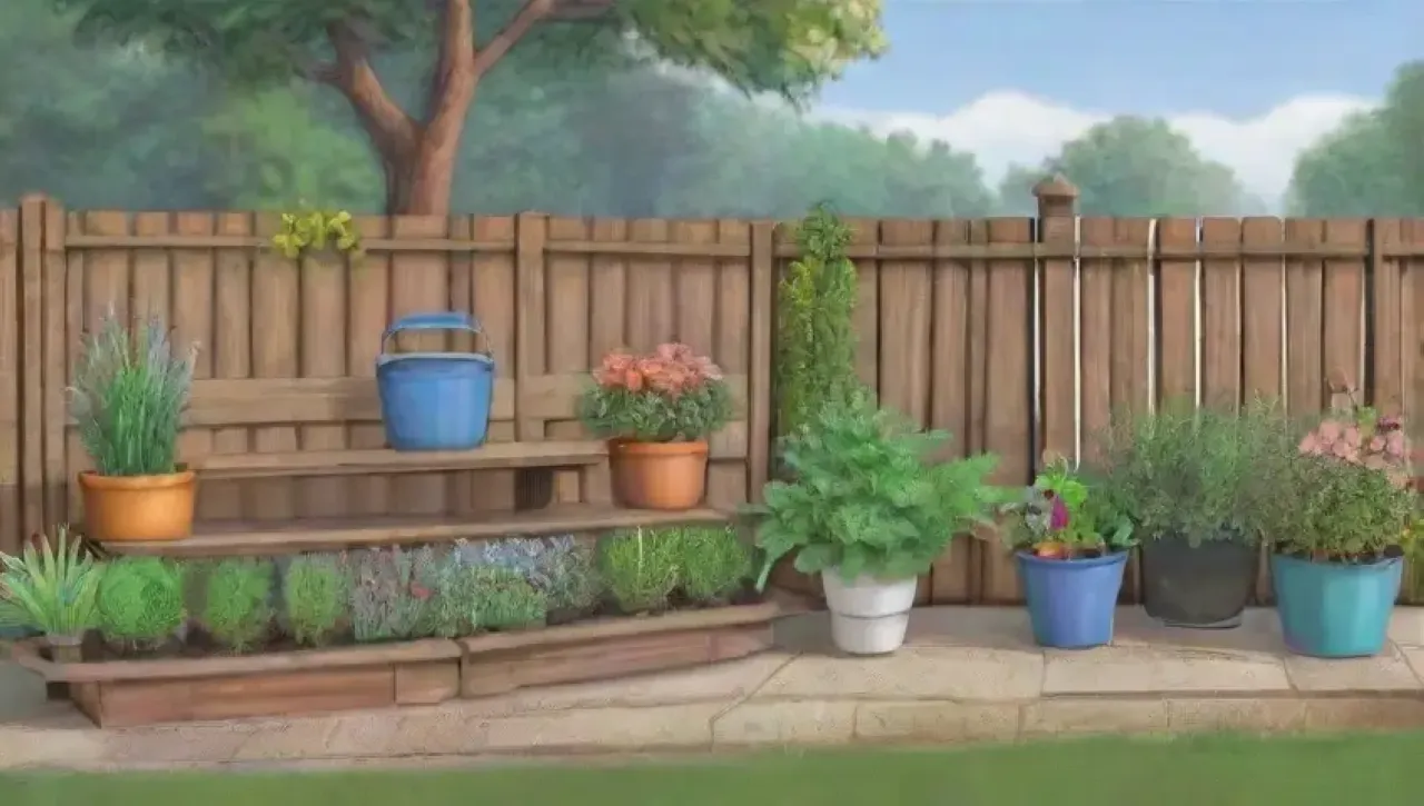 Un jardín vibrante y acogedor con plantas, flores, herramientas rústicas y un ambiente tranquilo