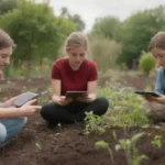 Estudiantes aprenden sobre ecosistemas en un jardín usando tabletas y aplicaciones interactivas