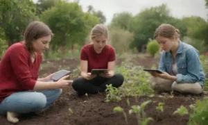 Estudiantes aprenden sobre ecosistemas en un jardín usando tabletas y aplicaciones interactivas