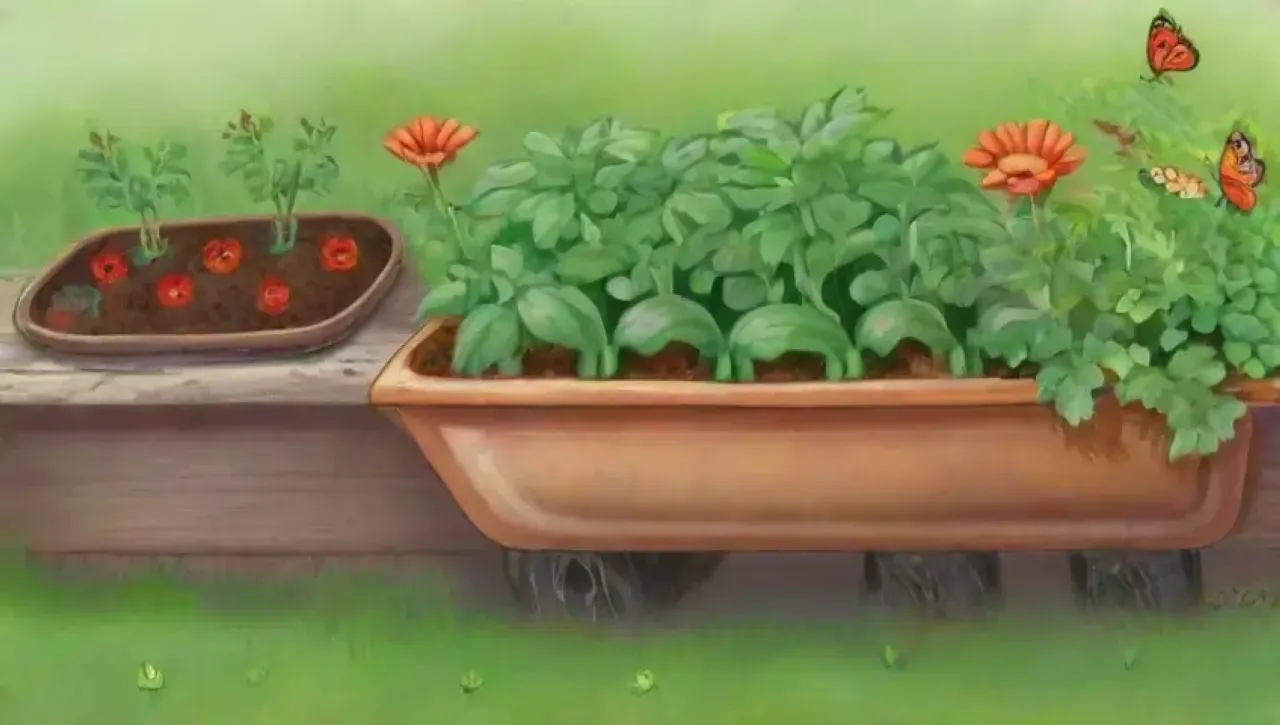 Un jardín vibrante y armonioso lleno de plantas, flores, insectos y herramientas
