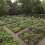 Espacios urbanos sostenibles con jardines vibrantes y cultivo comunitario