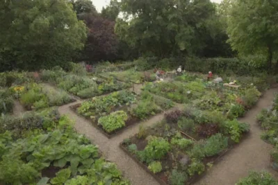 Espacios urbanos sostenibles con jardines vibrantes y cultivo comunitario