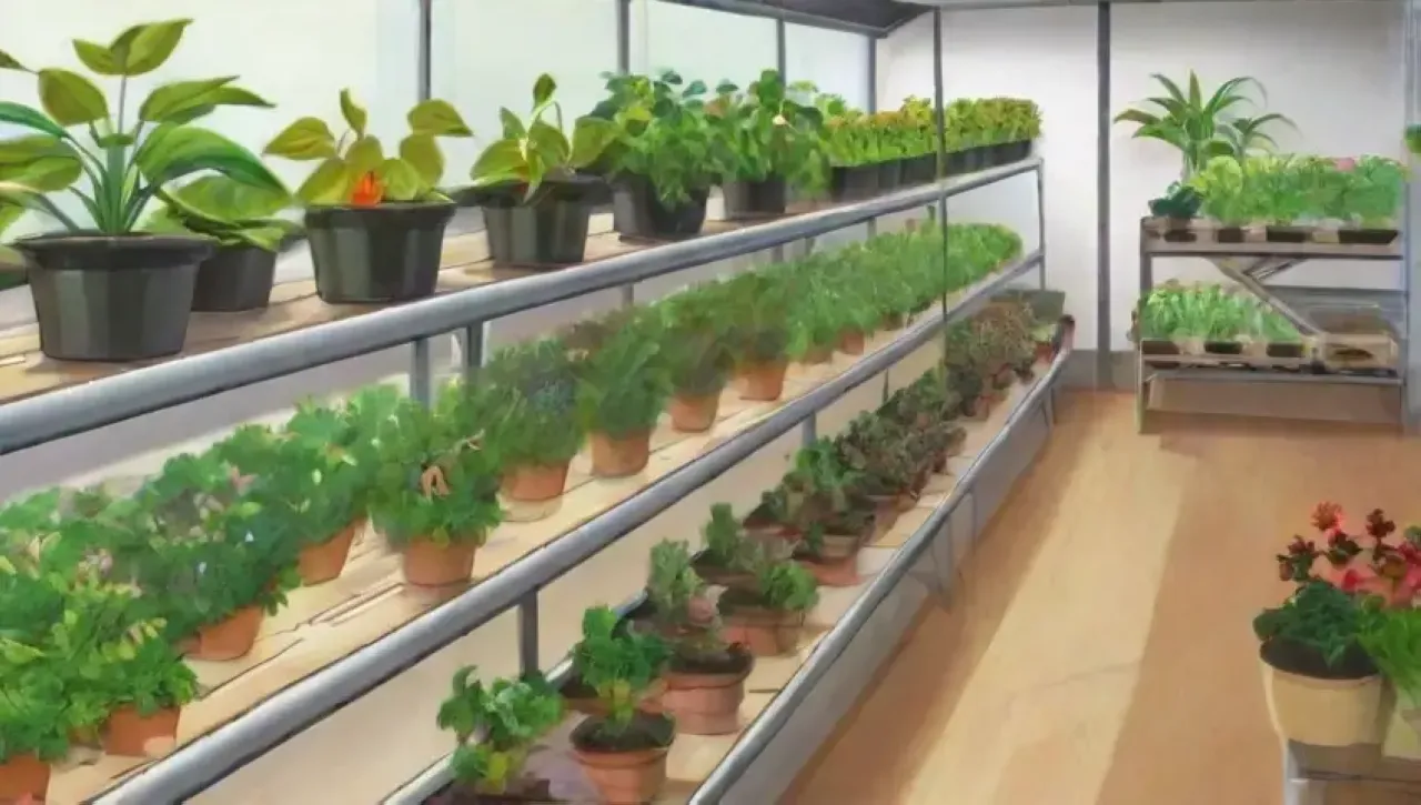 Un espacio sereno y vibrante lleno de plantas, agua, luz y herramientas de cultivo