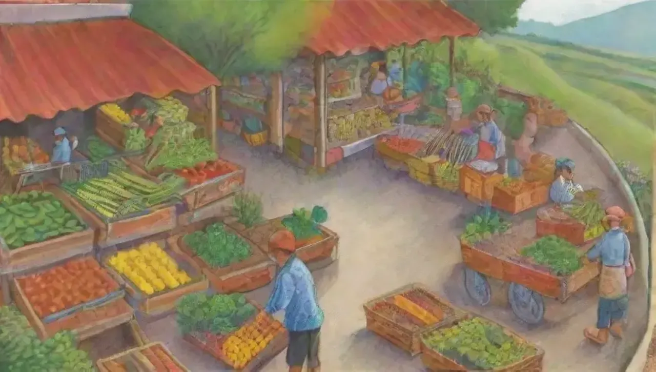 Un mercado vibrante y sostenible donde la comunidad disfruta de productos frescos y artesanales