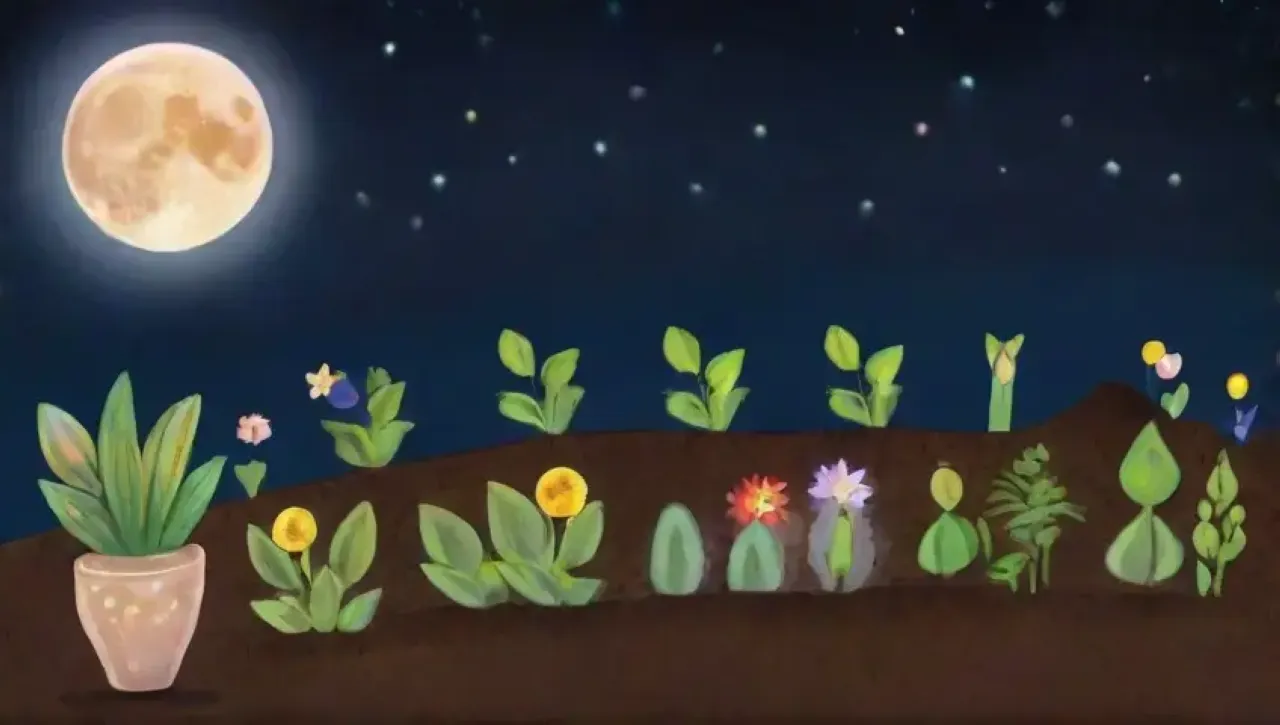 Un sereno jardín nocturno lleno de vida y naturaleza