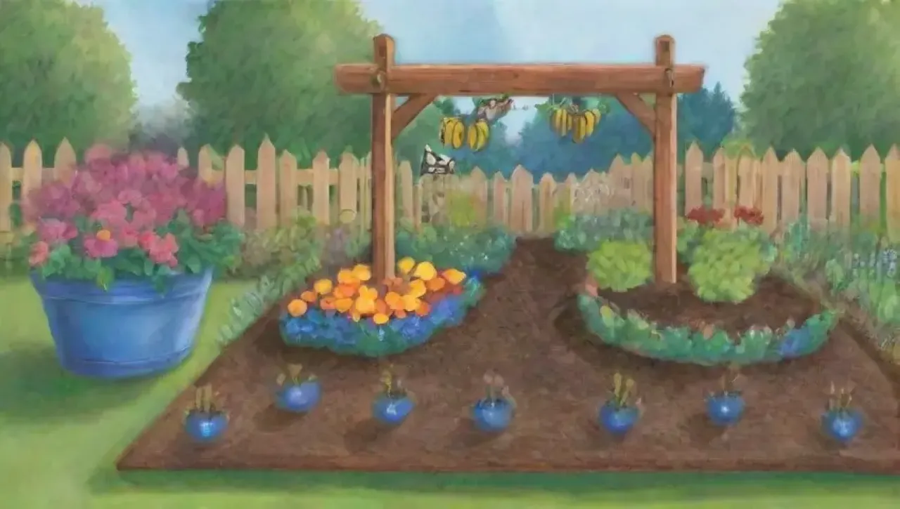 Un jardín vibrante y sostenible lleno de vida y cosechas