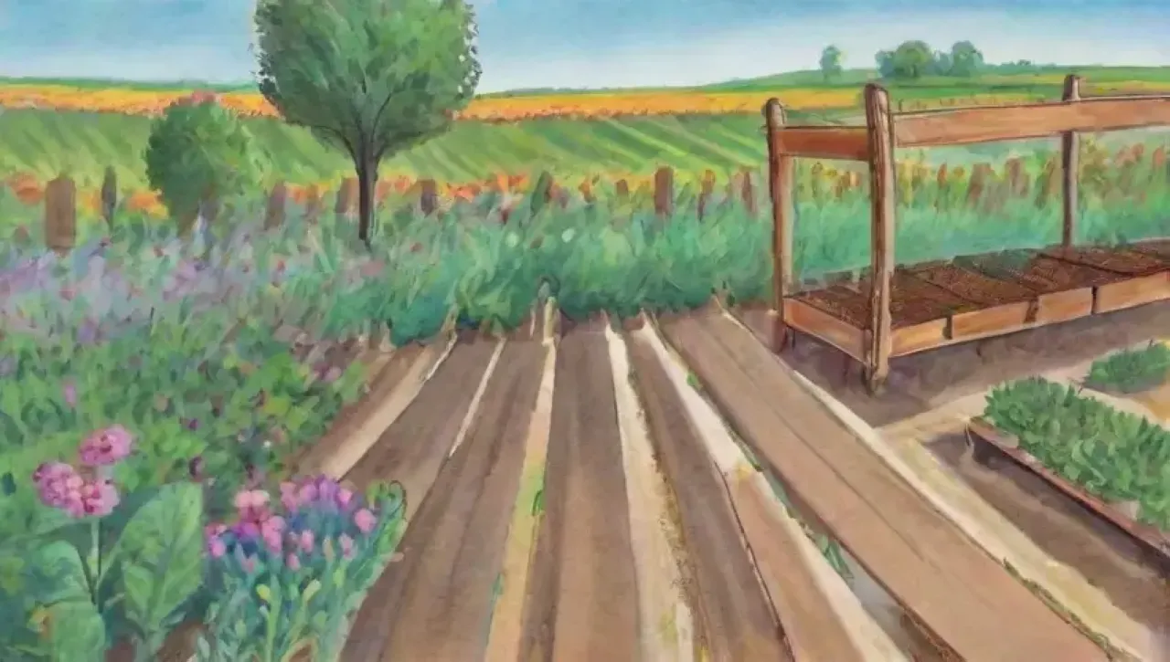 Un campo vibrante con cultivos verdes, luz filtrándose, insectos atrapados y un agricultor inspeccionando, todo en armonía con la naturaleza