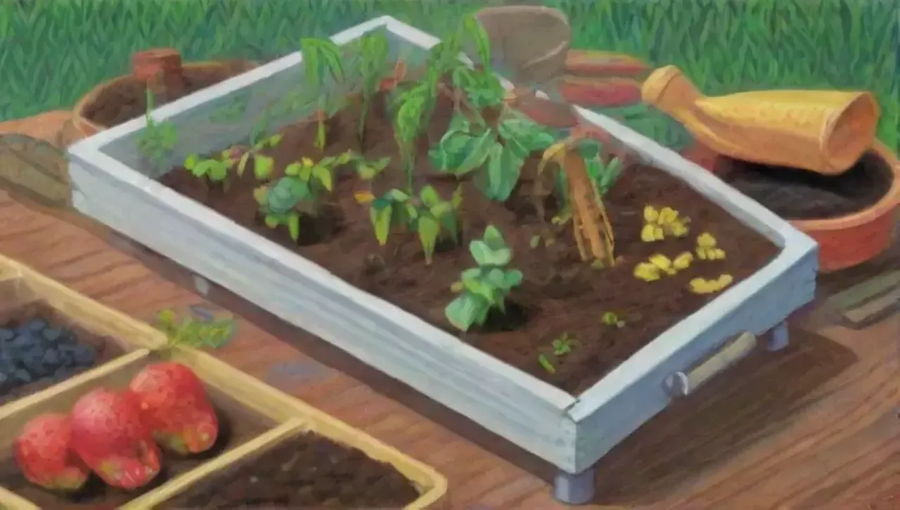 Un paisaje agrícola vibrante con cultivos, trampas, insectos y colaboración entre agricultores