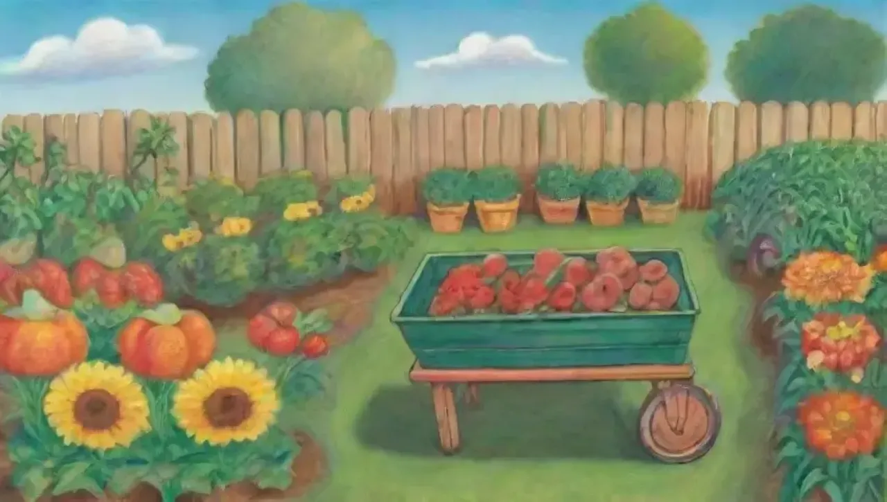 Un jardín vibrante y soleado lleno de cultivos, flores y risas