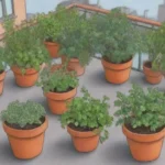 Huerto urbano en macetas con hierbas y vegetales de colores vibrantes