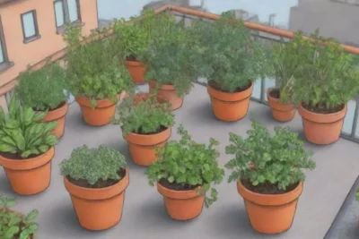 Huerto urbano en macetas con hierbas y vegetales de colores vibrantes