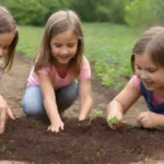 Imágenes coloridas de niños plantando