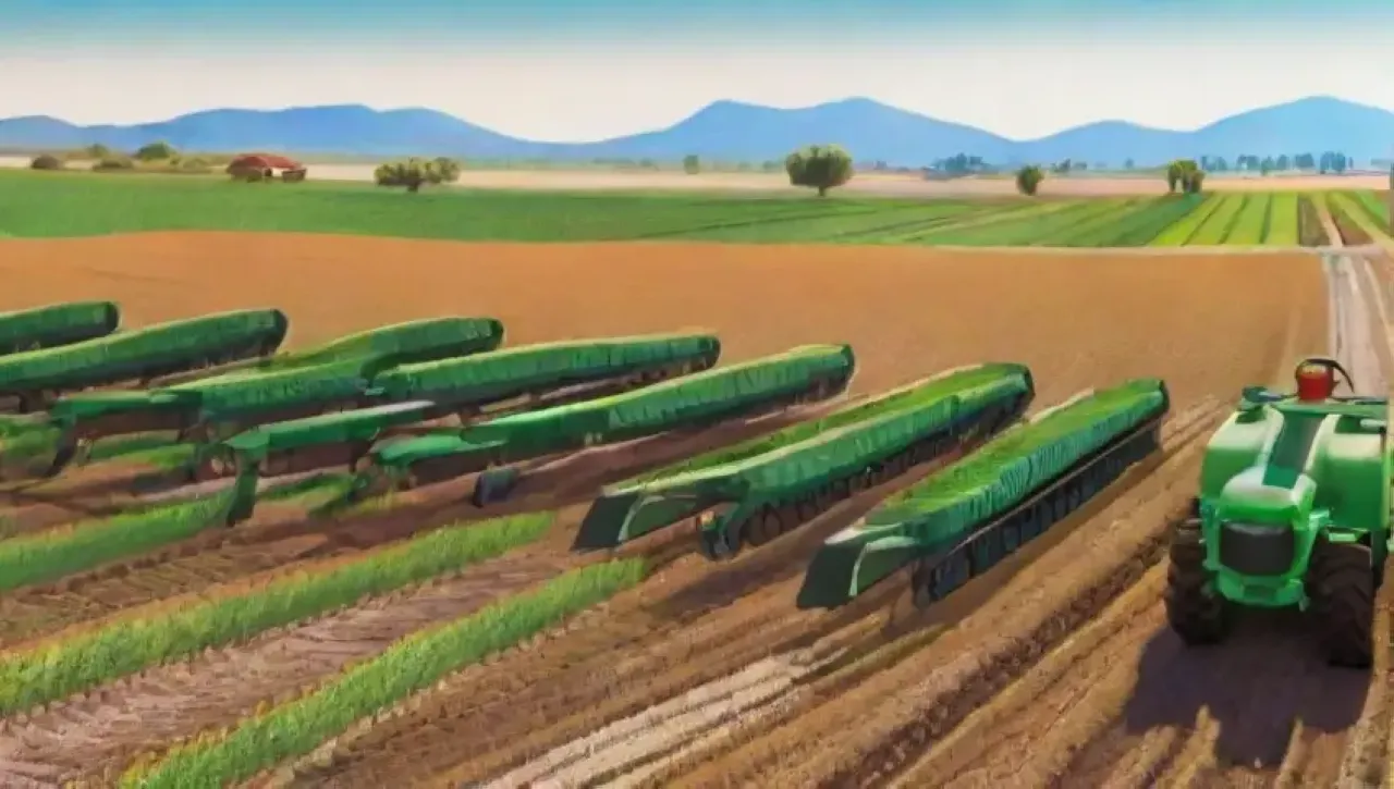 Un paisaje agrícola sostenible y tecnológico con campos verdes, maquinaria autónoma y prácticas eco-amigables