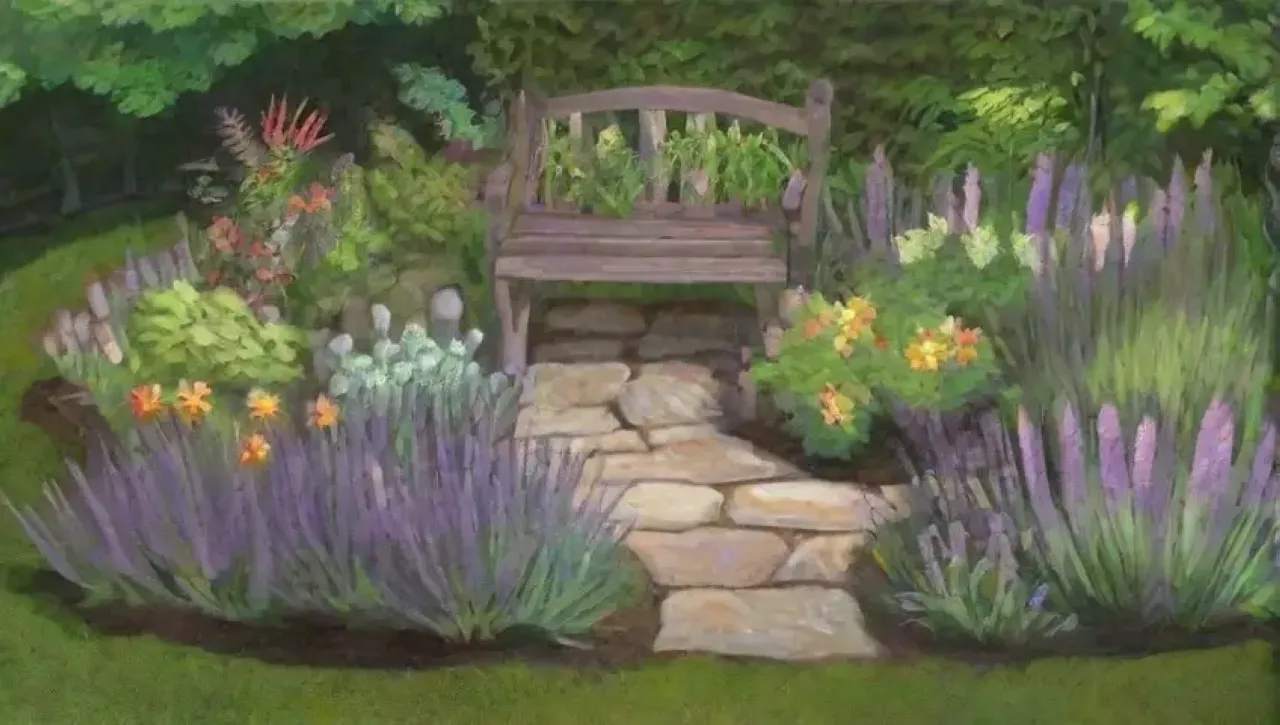 Un jardín vibrante y sereno lleno de flores, hojas, caminos y vida