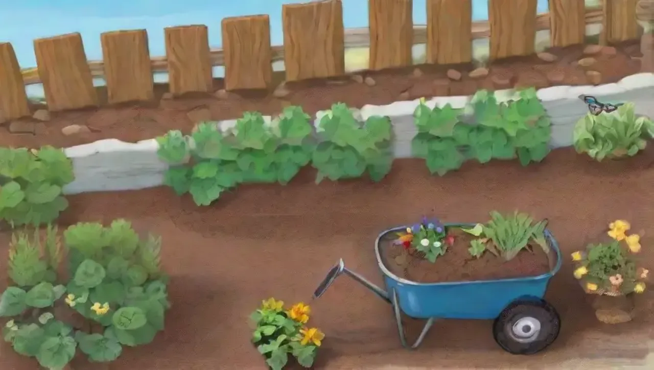 Un jardín vibrante y sereno lleno de plantas, flores, tierra rica y vida