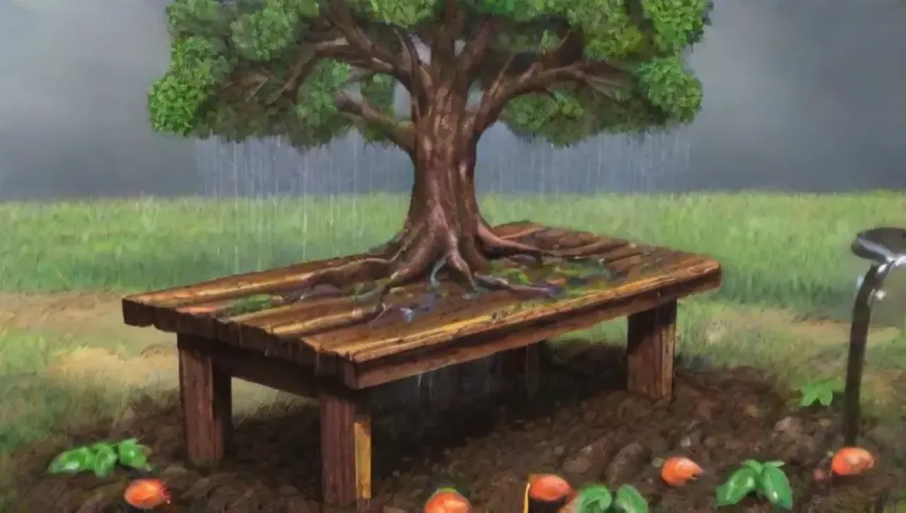 Un jardín vibrante y caótico, lleno de vida y promesas de cosecha